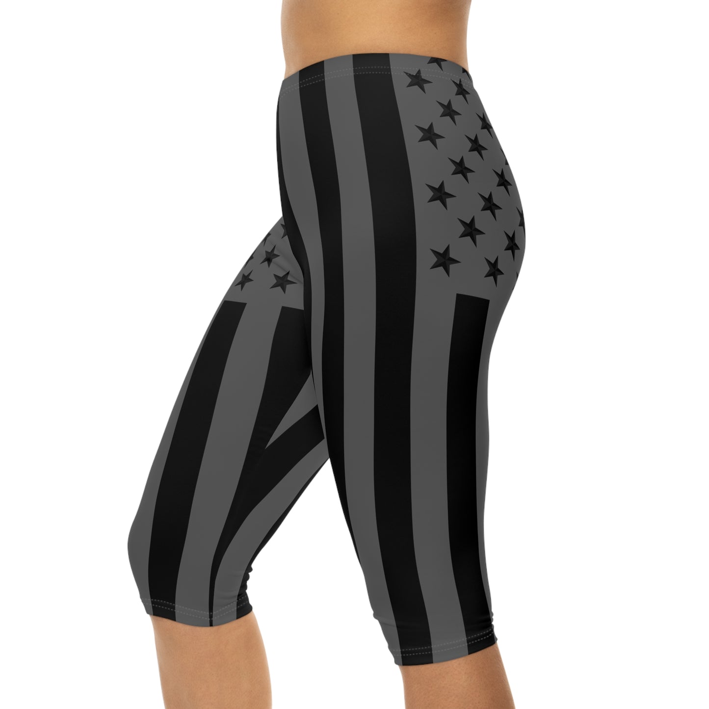 Patriotic Women’s Capri Leggings, Black and Gray Stars & Stripes, Activewear, Holiday Gift, Fitness Apparel, 4th of July Essentials