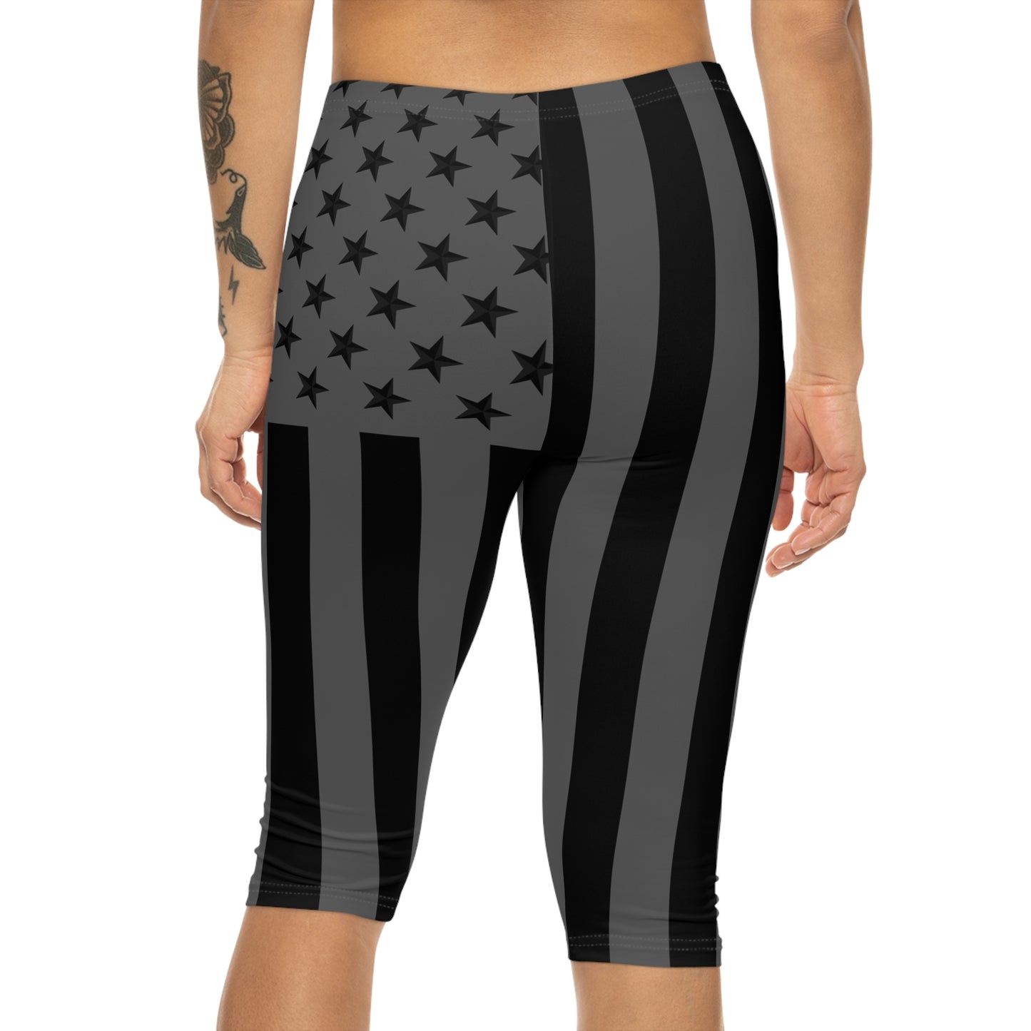 Patriotic Women’s Capri Leggings, Black and Gray Stars & Stripes, Activewear, Holiday Gift, Fitness Apparel, 4th of July Essentials