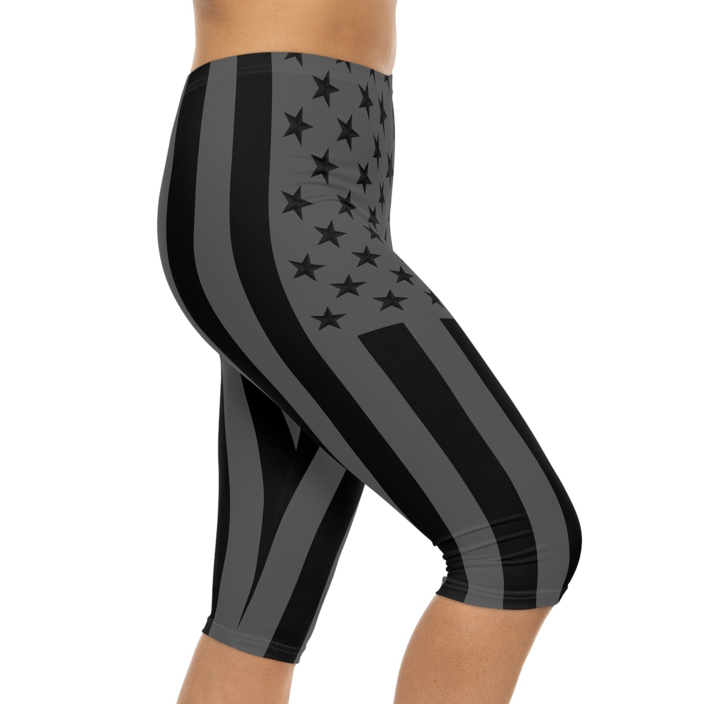 Patriotic Women’s Capri Leggings, Black and Gray Stars & Stripes, Activewear, Holiday Gift, Fitness Apparel, 4th of July Essentials