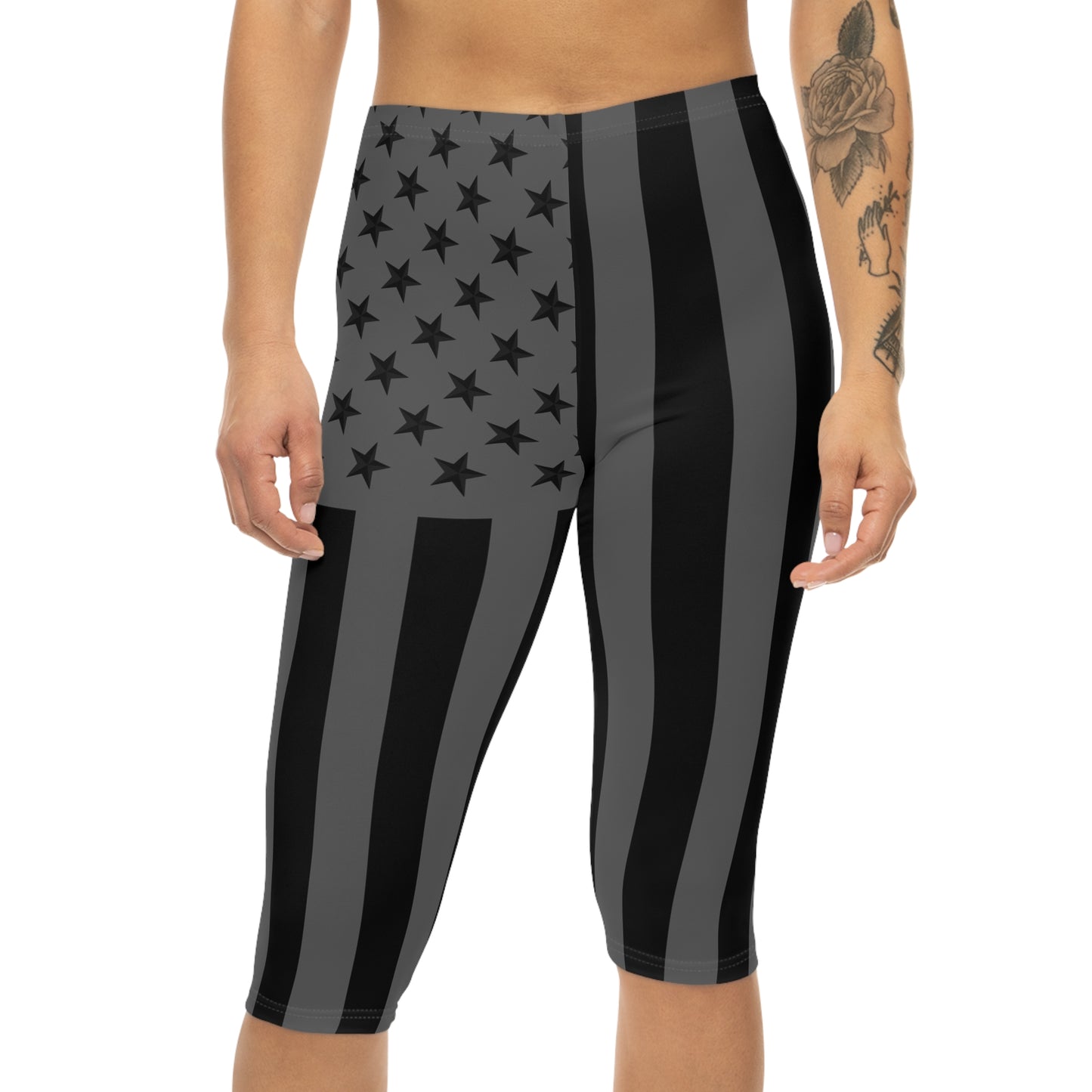 Patriotic Women’s Capri Leggings, Black and Gray Stars & Stripes, Activewear, Holiday Gift, Fitness Apparel, 4th of July Essentials